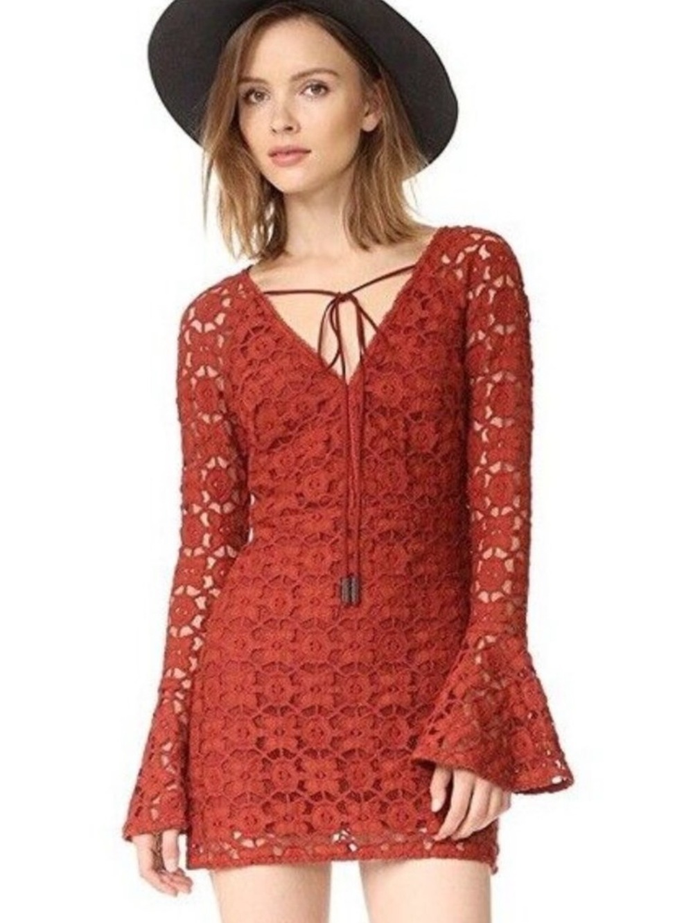 Free People Terracotta Crochet Lace Bell Sleeve Fall Dress Rust Size: 8